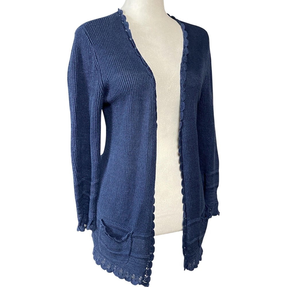 Lauren Ralph Lauren Cardigan Sweater Womens S Blue Linen Crochet Open Knit